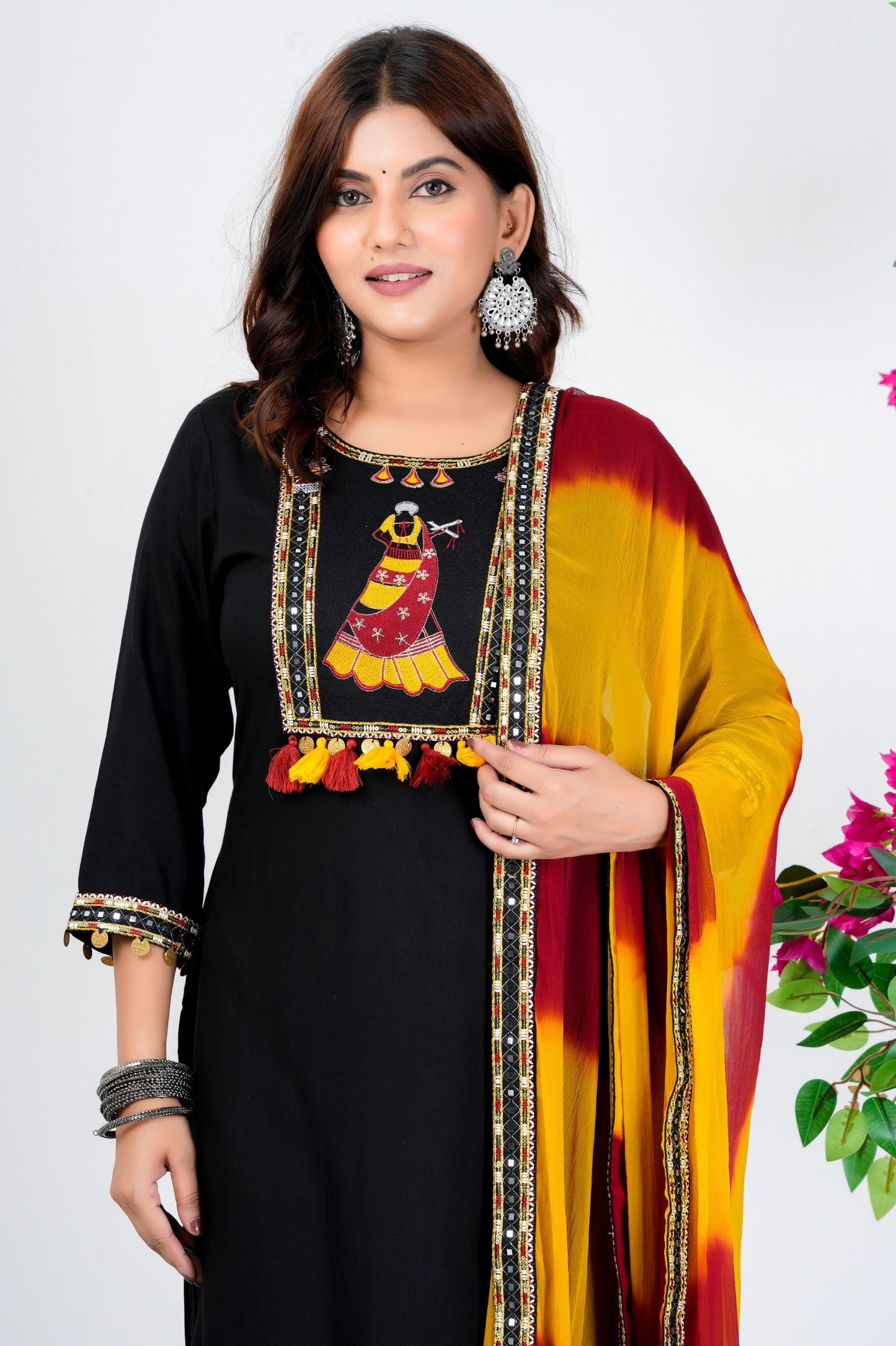 Black Embroidered Kurti Set with Multicolor Dupatta