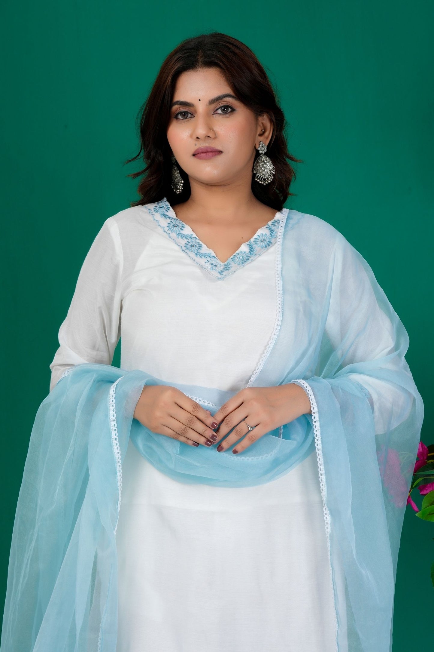 White Pure Cotton Kurta Set With Organza Dupatta