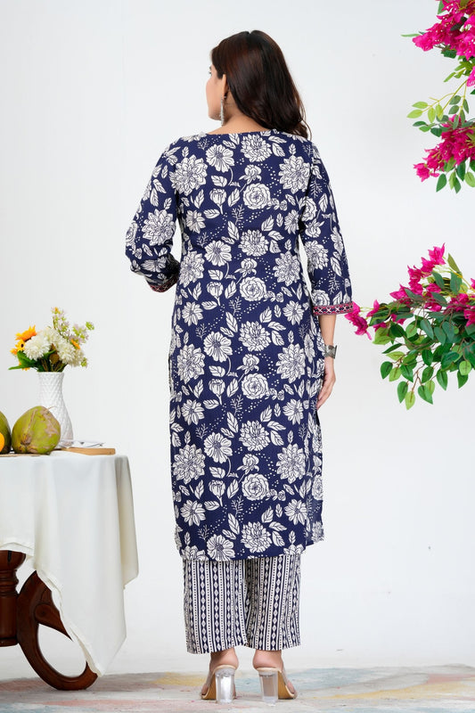 Floral Printed Pure Cotton Kurta Set With Mulmul Dupatta