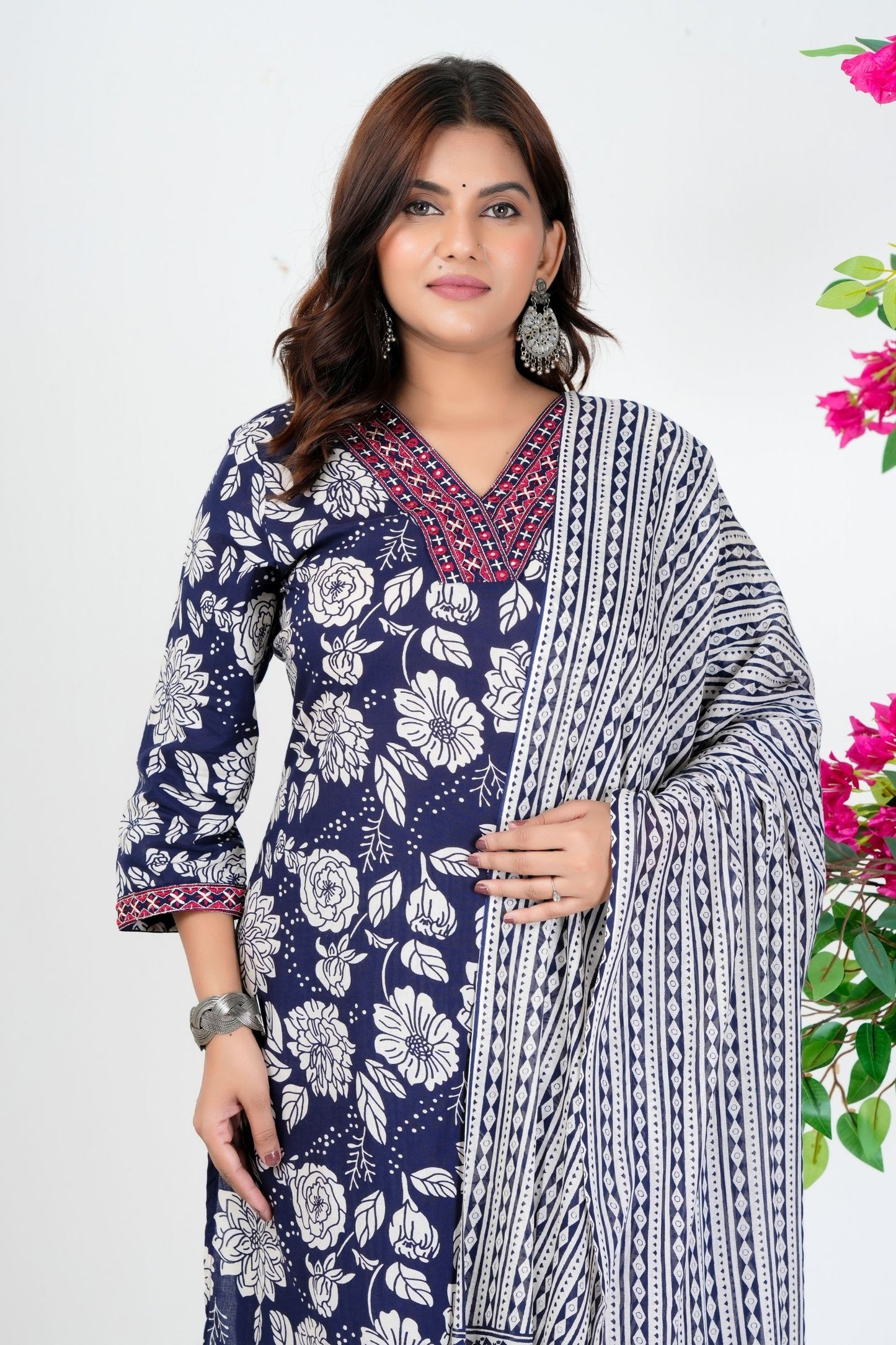 Floral Printed Pure Cotton Kurta Set With Mulmul Dupatta