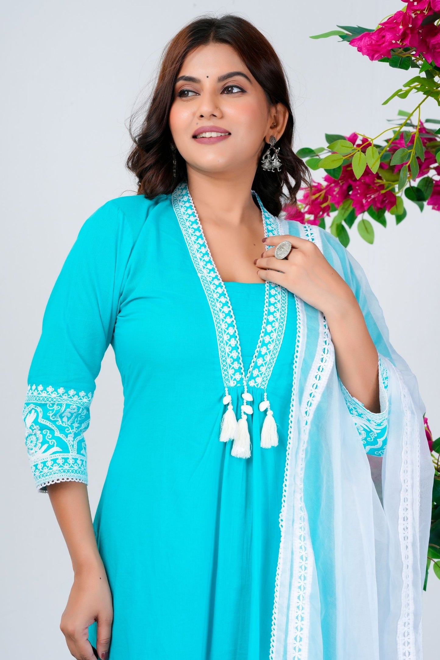 Pure Cotton V Neck With Embroidery Work Kurta With Trousers & Dupatta