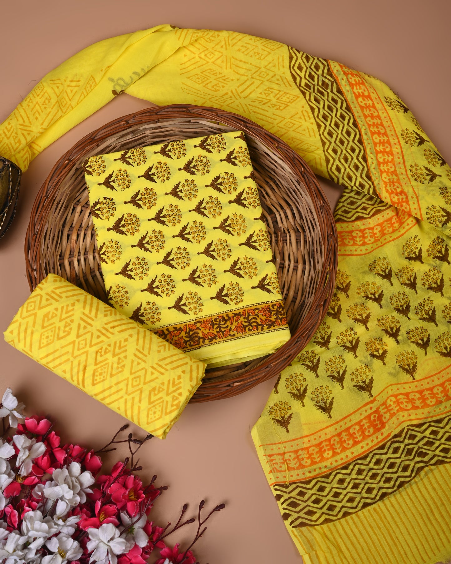 Bagru Hand Block Printed Cotton Suit With Mulmul Dupatta