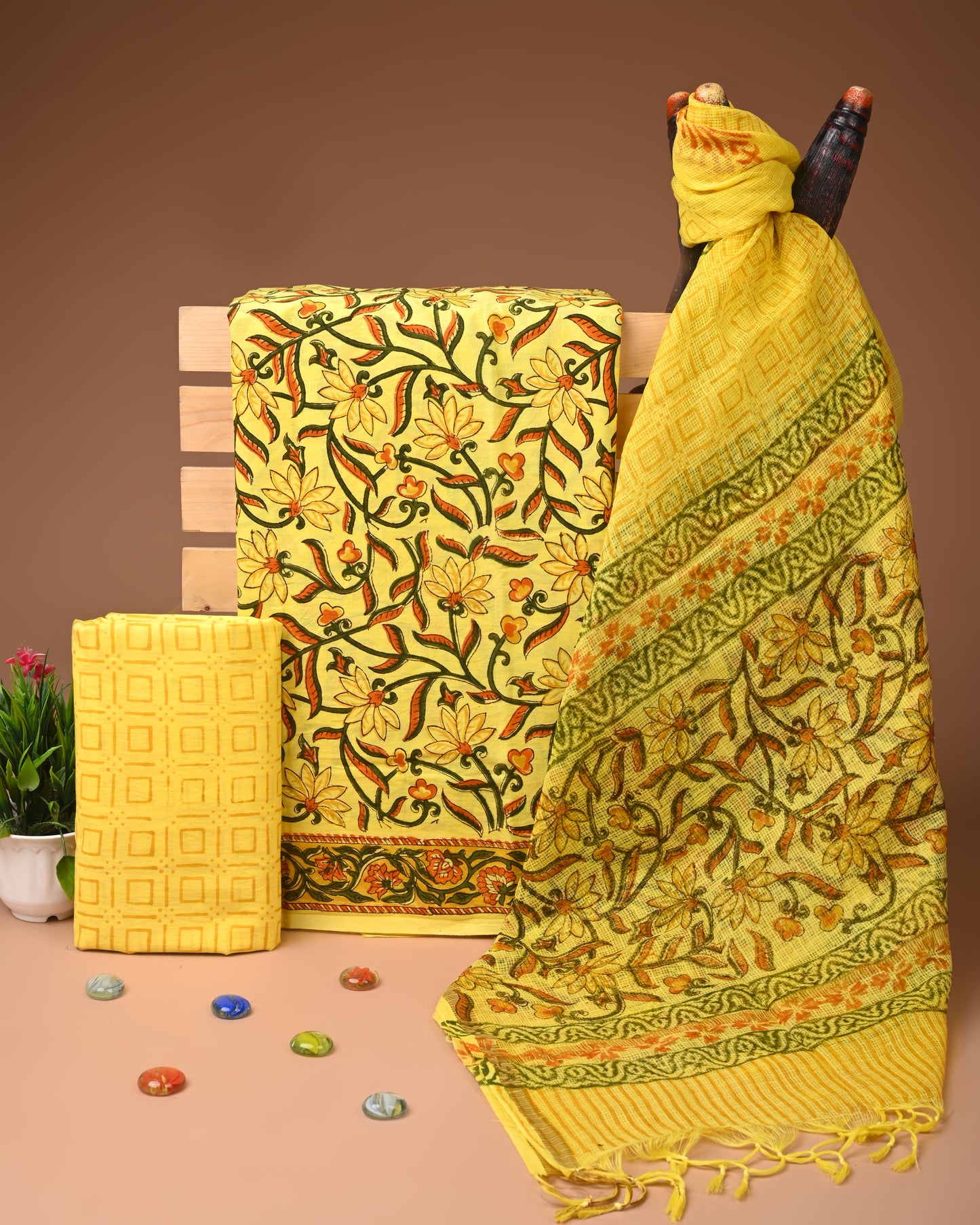 Yellow Hand Block Printed Cotton Suit With Kota Doria Dupatta