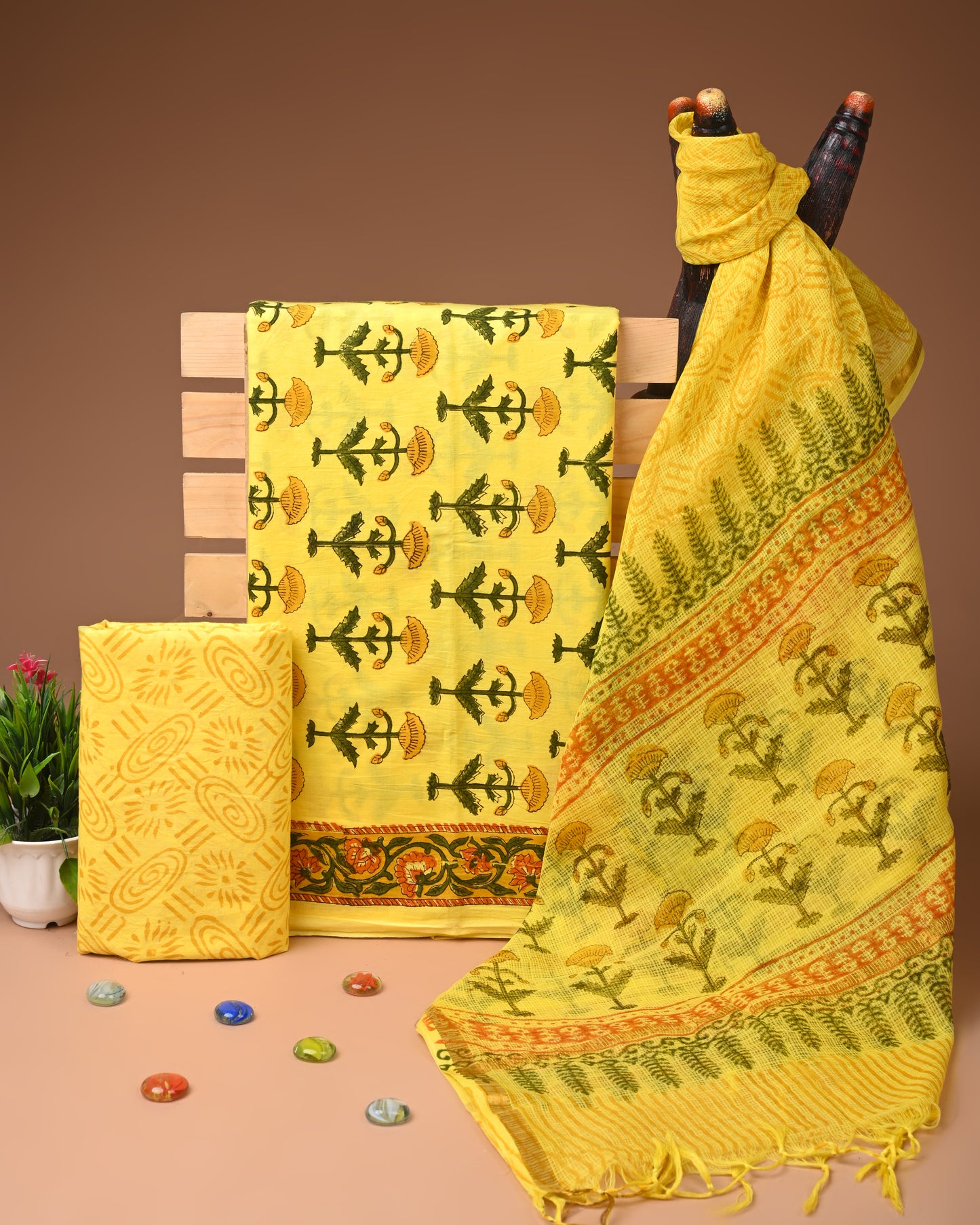 Hand Block Print Cotton Suit With Kota Doria Dupatta