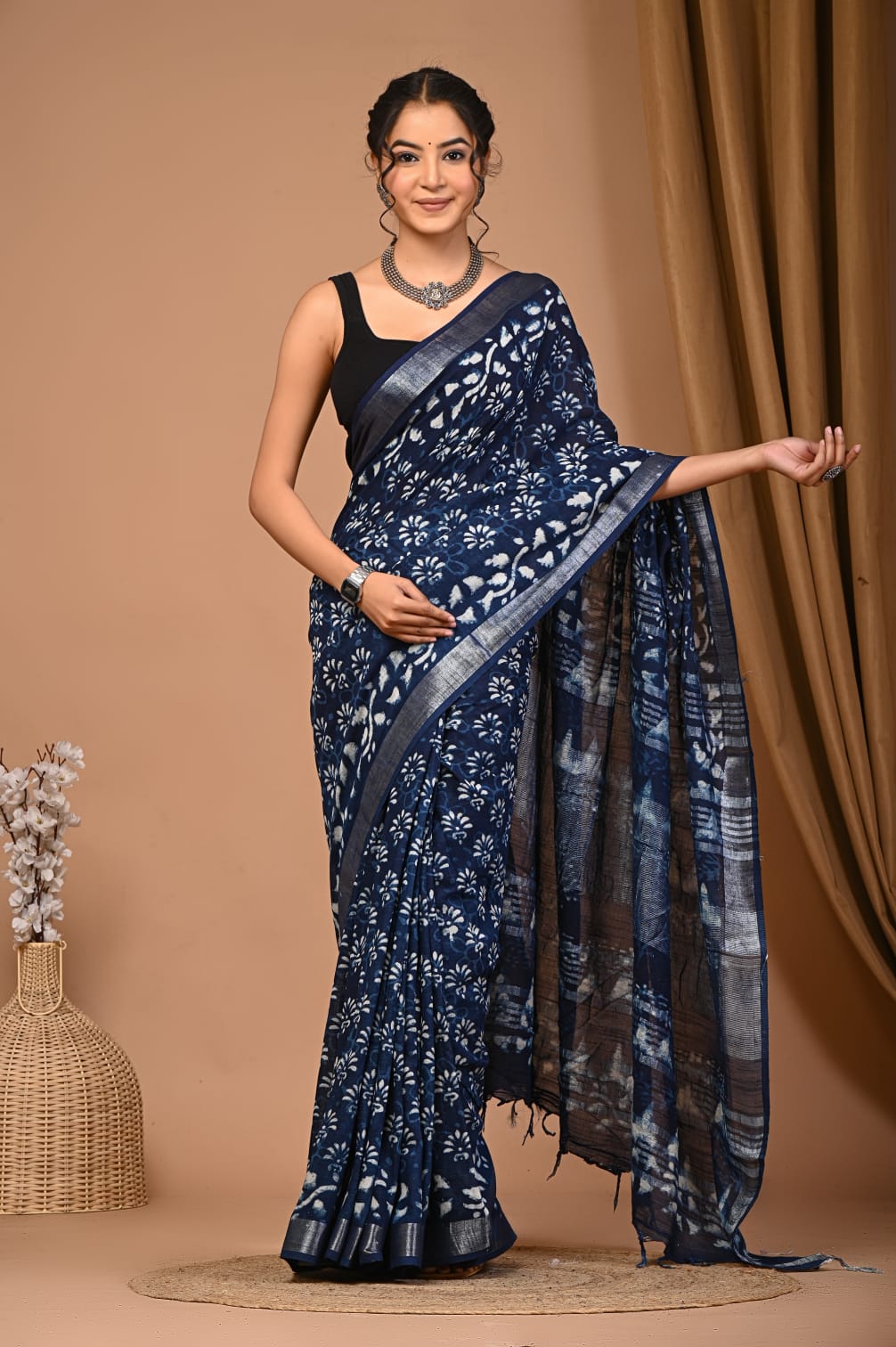 Handcrafted Dabu Print Linen Saree