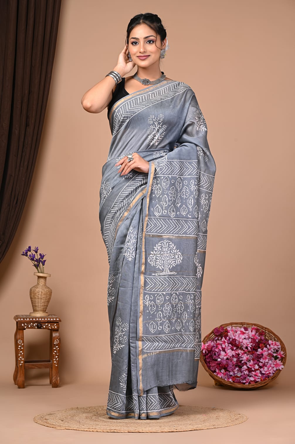 Graceful Chanderi Silk Saree with Hand Block Print and Matching Blouse Piece