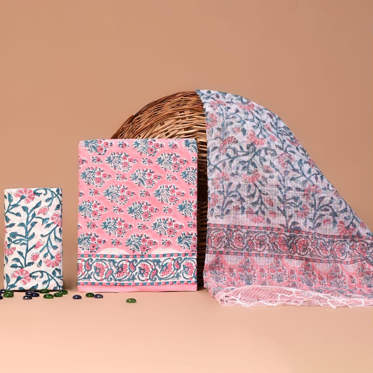 Pink Hand Block Printed Cotton Suit With Kota Doria Dupatta