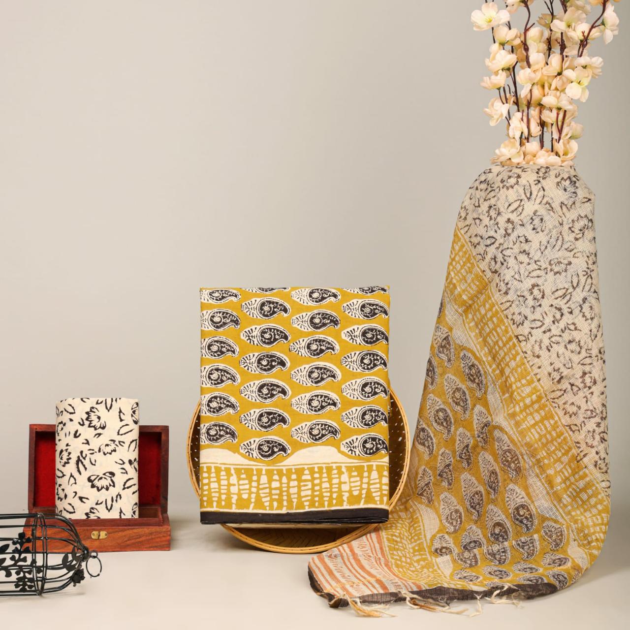 Bagru Hand Block Print Cotton Suit With Kota Doria Dupatta
