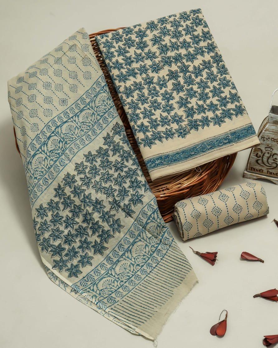 Hand Block Printed Organic Cotton Suit With Cotton Dupatta