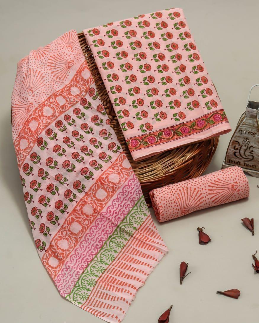 Hand Block Print Cotton Suit With Cotton Dupatta