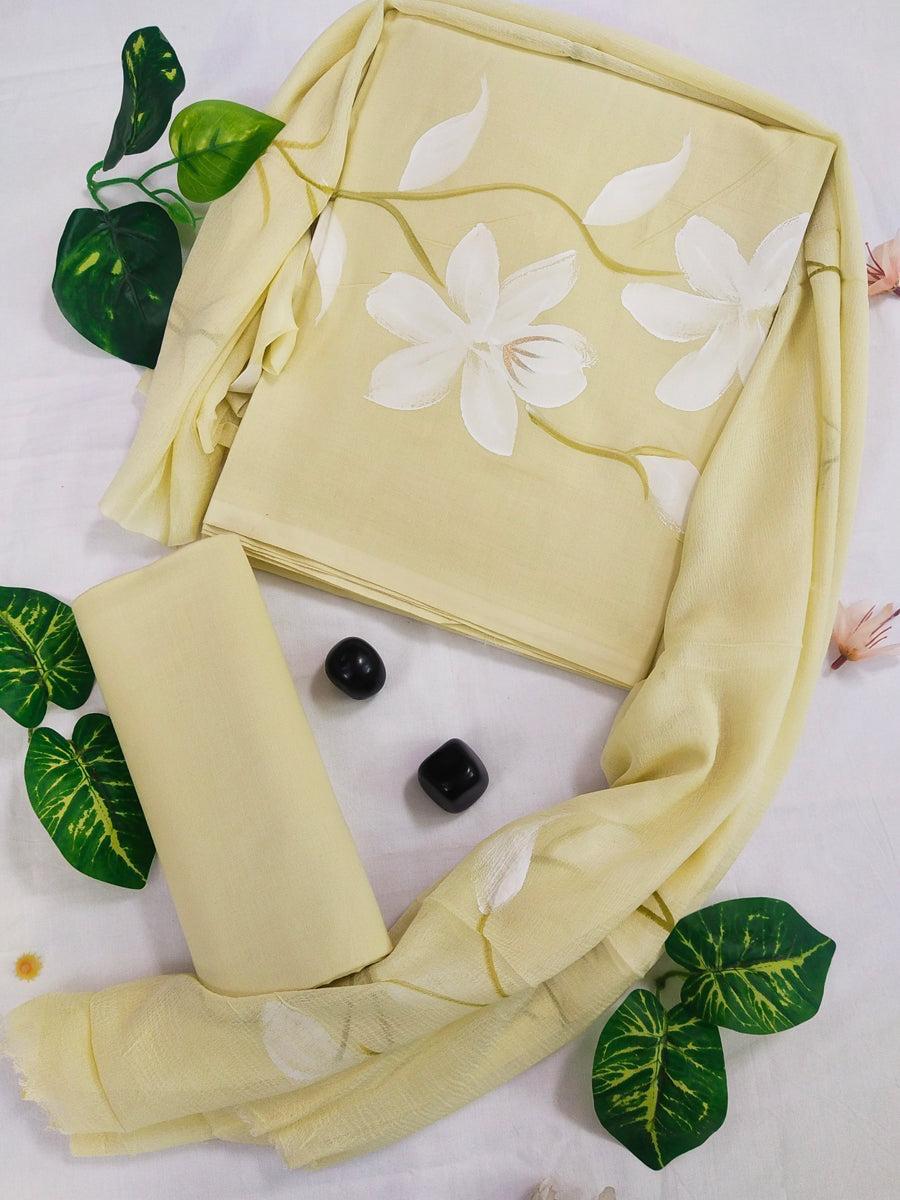 Beige Hand Print Cotton Suit With Chiffon Dupatta