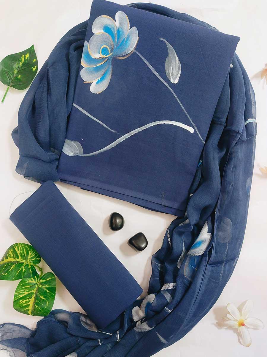 Hand Print Blue Cotton Suit With Chiffon Dupatta