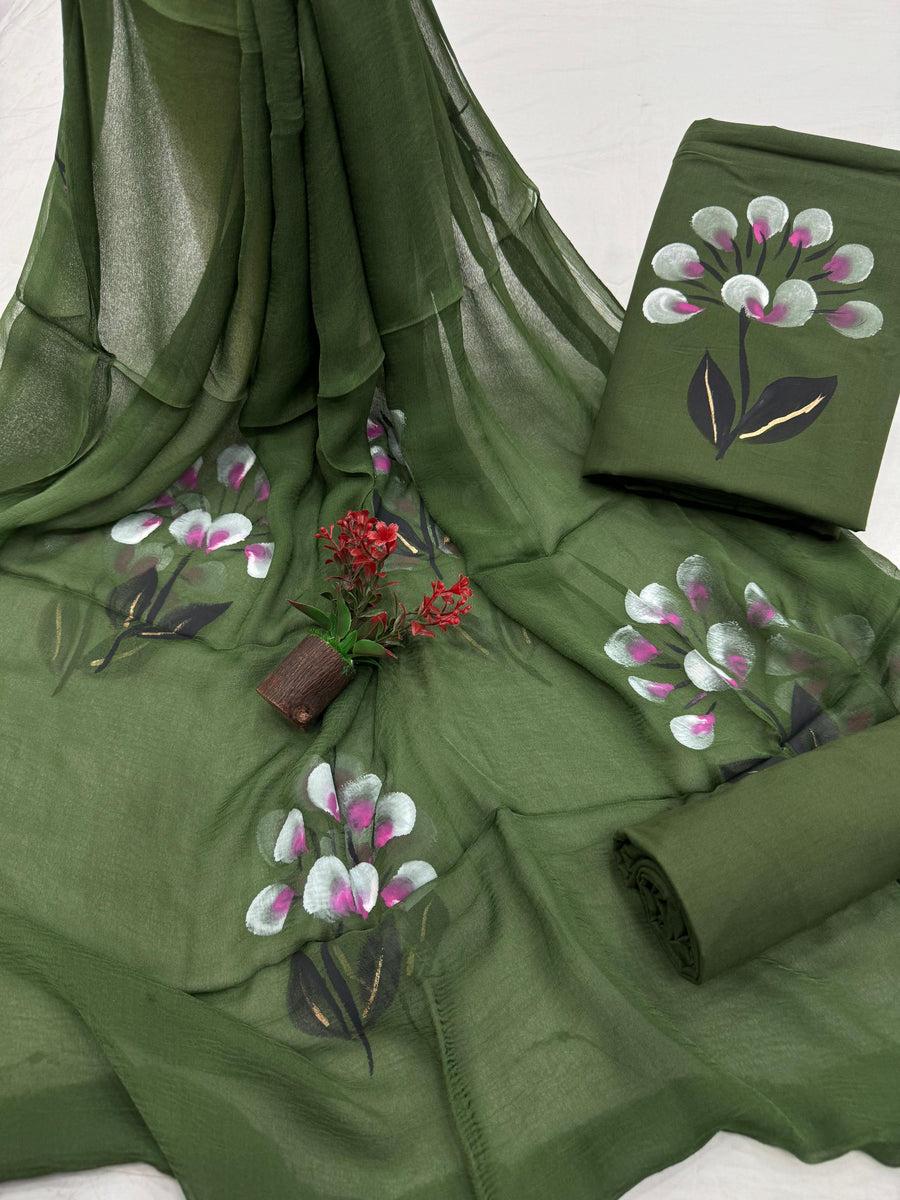 Dark Green Hand Printed Cotton Suit With Chiffon Dupatta
