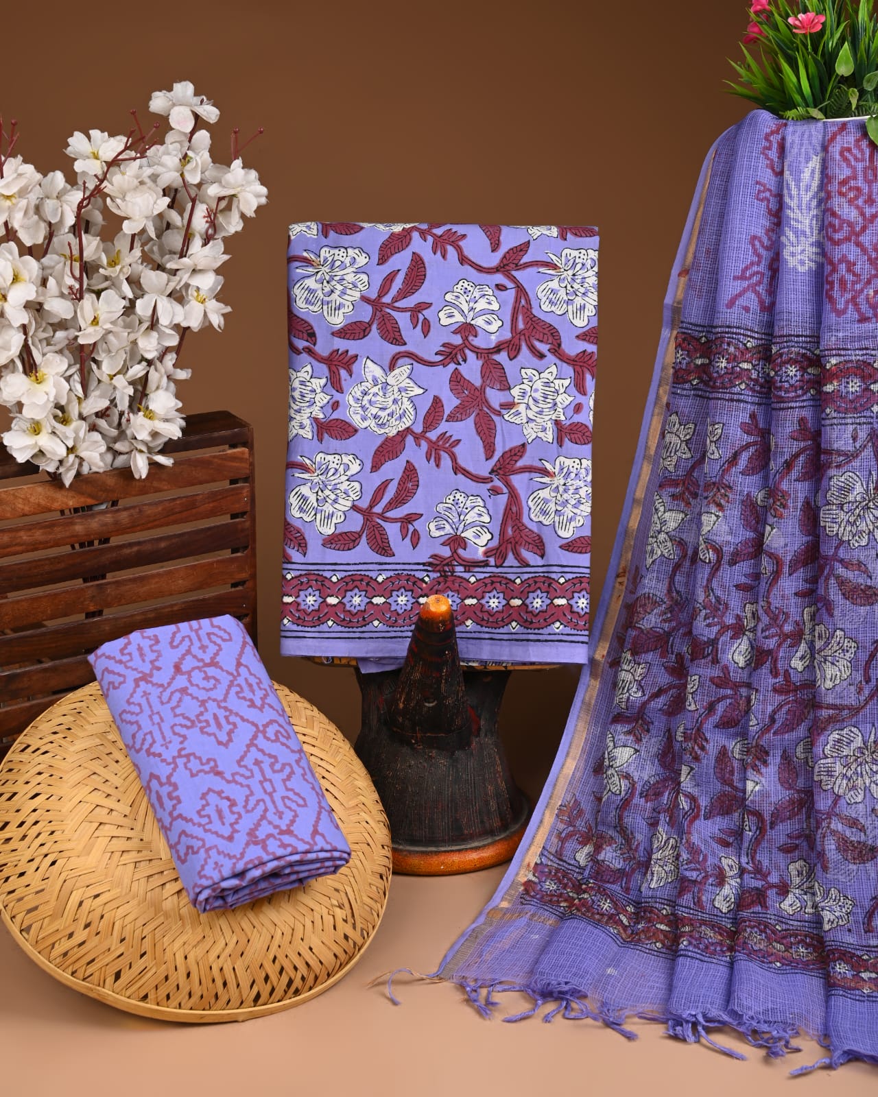 Premium Hand Block Printed Cotton Suit With Kota Doria Dupatta