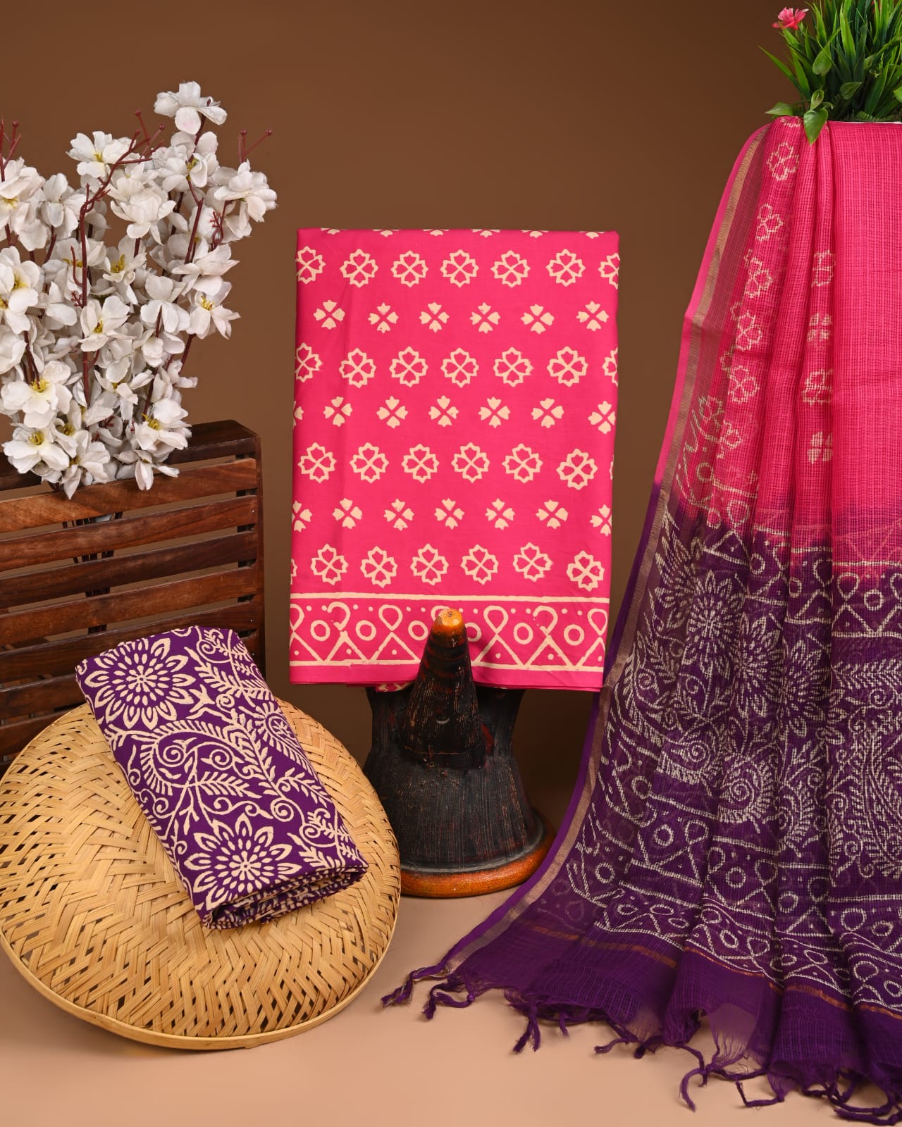 Hand Block Print Organic Cotton Suit With Kota Doria Dupatta