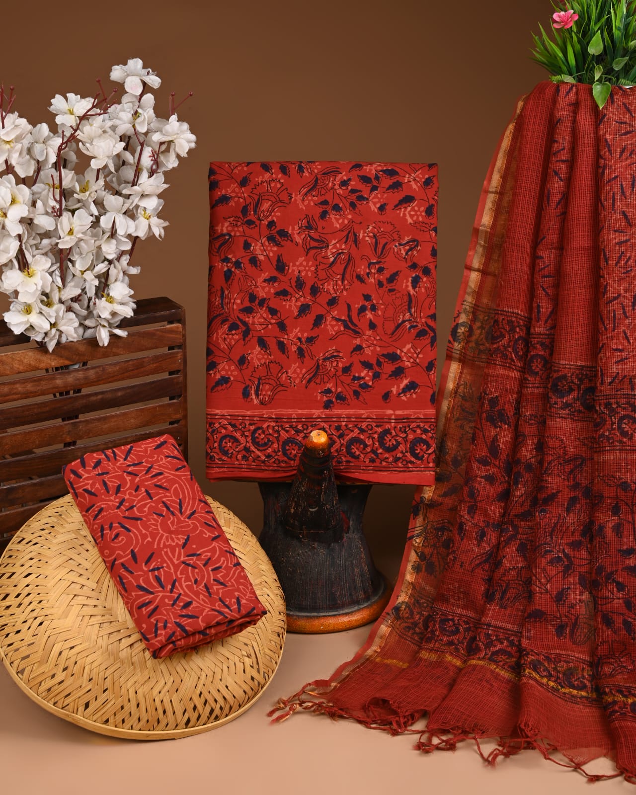 Exclusive Hand Block Printed Cotton Suit With Kota Doria Dupatta