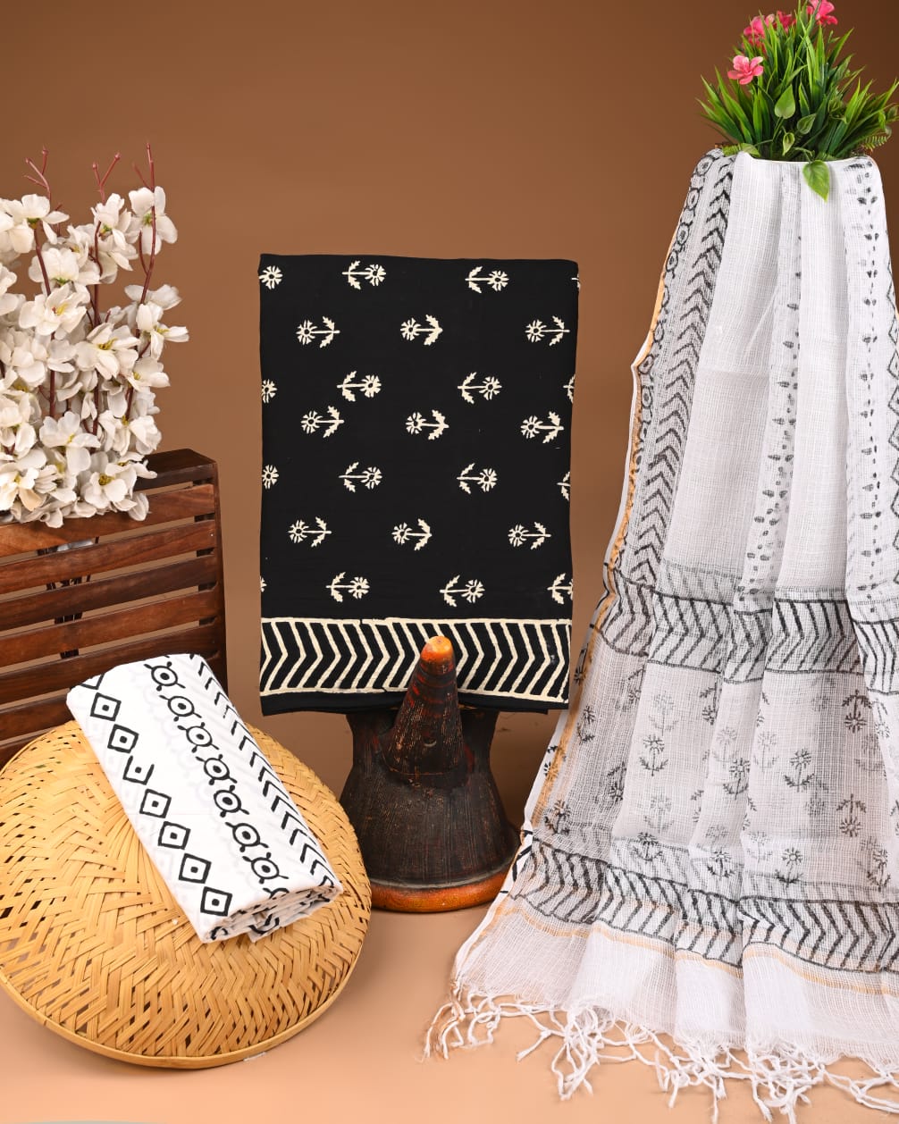 Black & White Hand Block Printed Cotton Suit With Kota Doria Dupatta