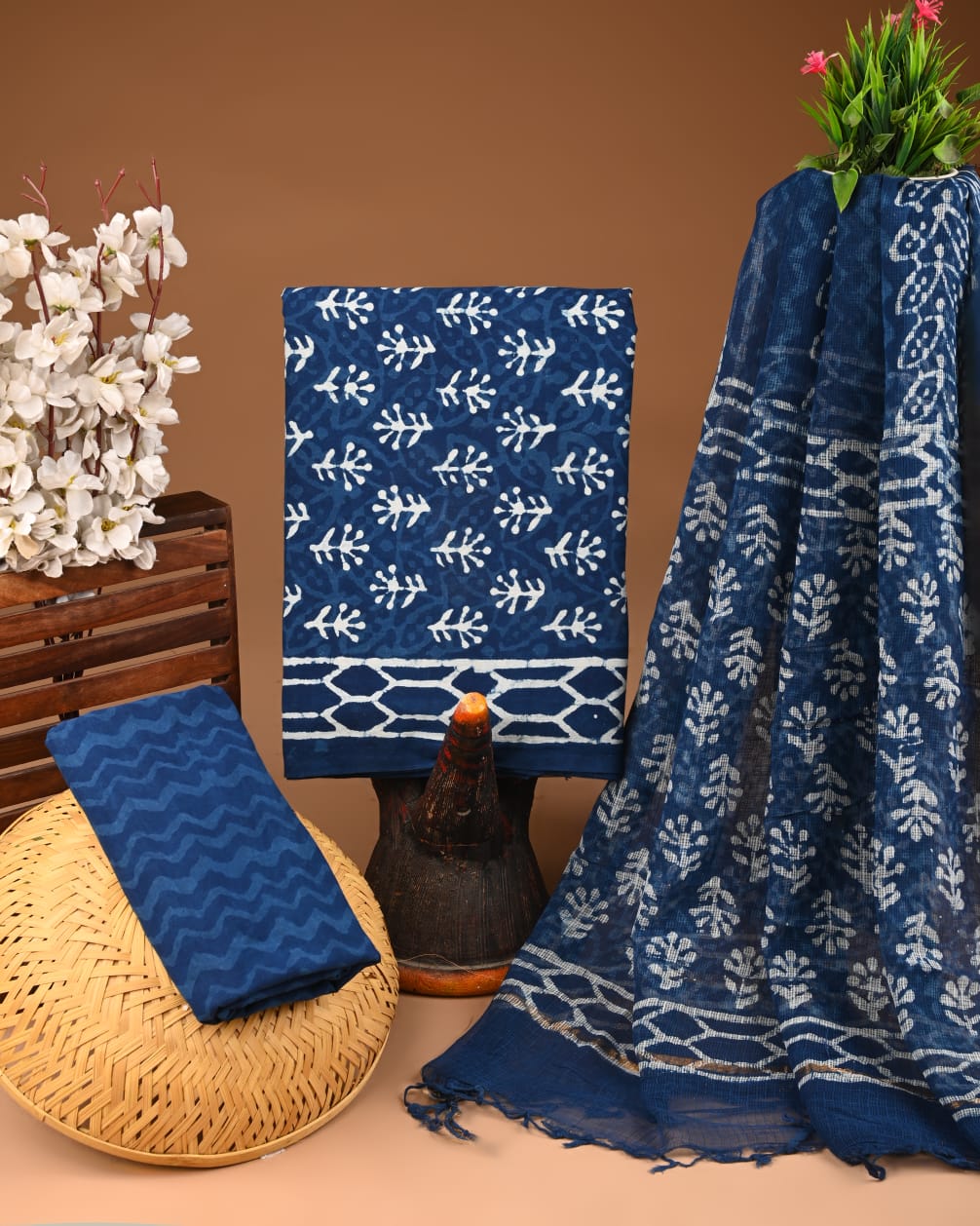 Blue Hand Block Printed Cotton Suit With Kota Doria Dupatta