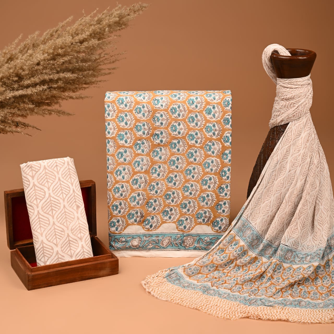 Bagru Hand Block Print Cotton Suit With Chiffon Dupatta