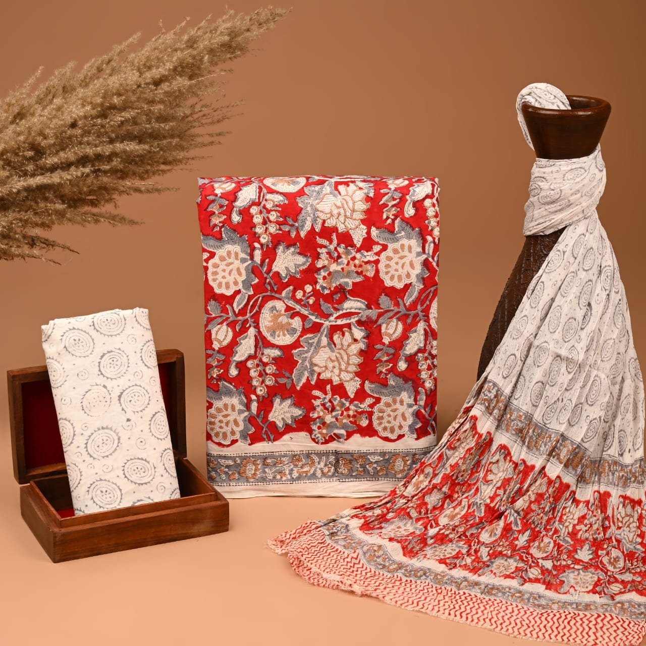 Exclusive Hand Block Printed Cotton Suit With Chiffon Dupatta