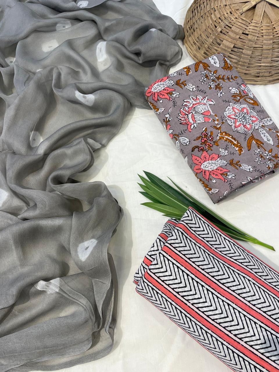 Grey Hand Block Print Cotton Suit With Chiffon Dupatta (49)
