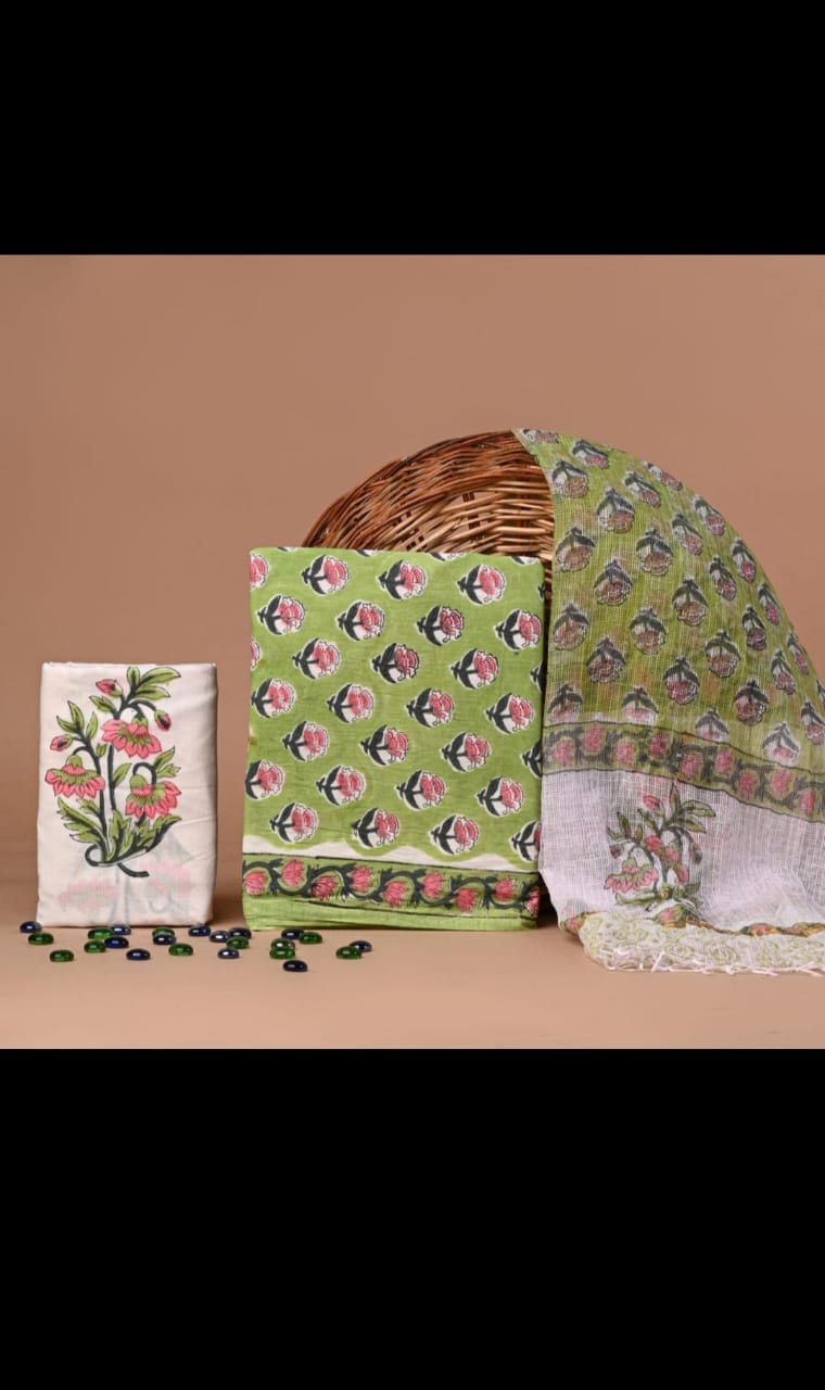 Green Hand Printed Pure Cotton Suit With Kota Doriya Dupatta