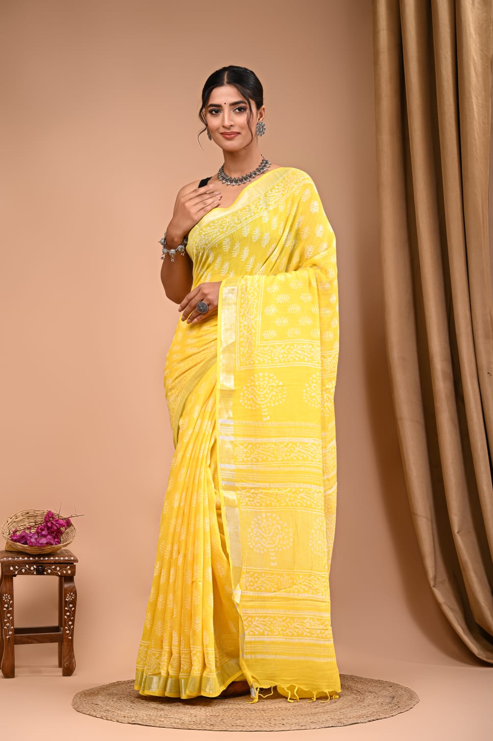 Naturally Dyed Hand Printed Linen Saree