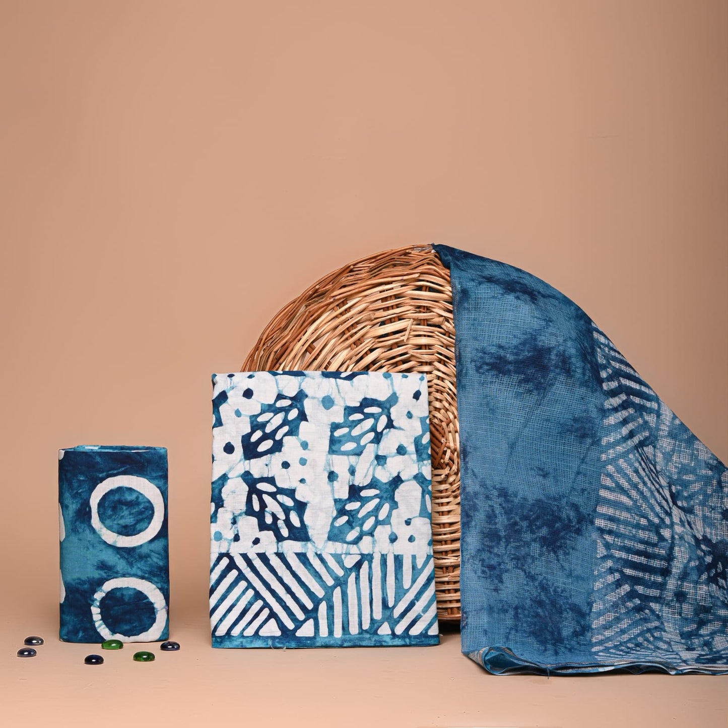 Blue & White Hand Block Printed Cotton Suit With Kota Doria Dupatta