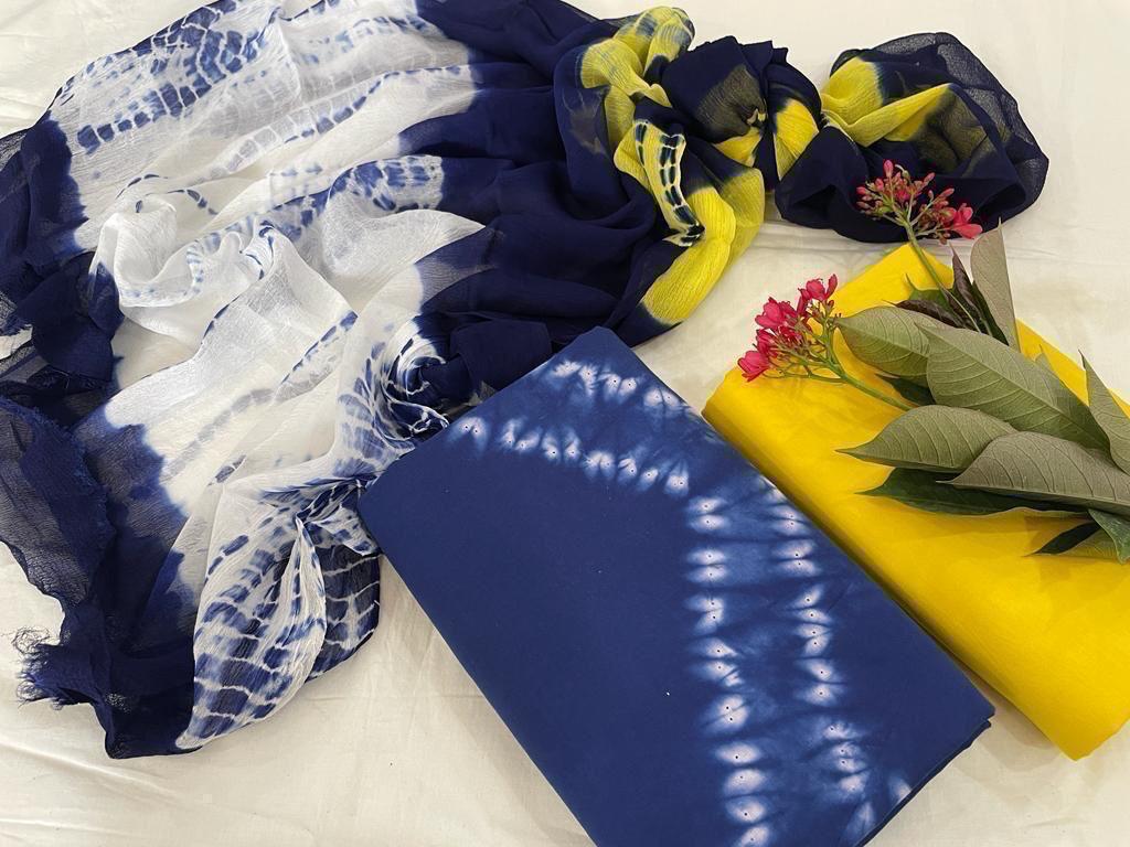 Yellow & Blue Hand Print Cotton Suit With Chiffon Dupatta (48)