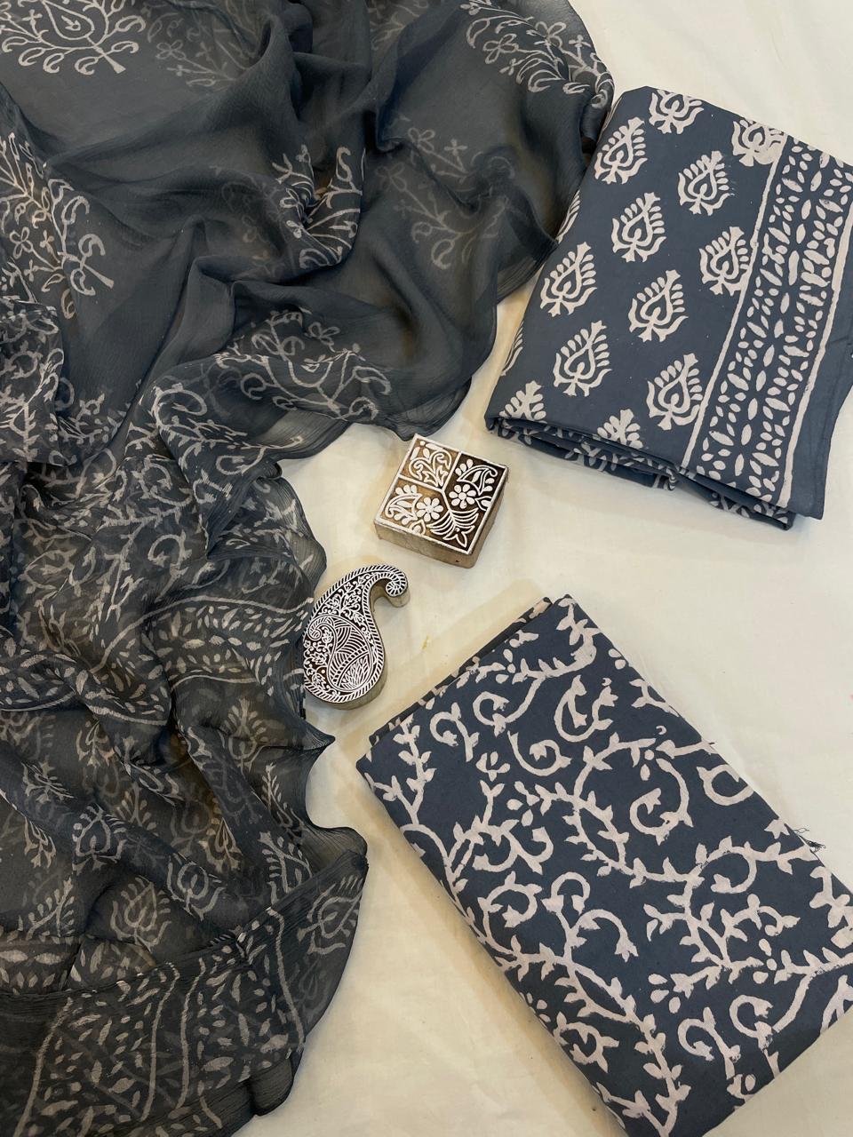Premium Hand Block Print Cotton Suit With chiffon Dupatta (45)