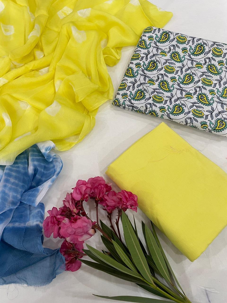 Yellow Hand Print Cotton Suit With Chiffon Dupatta (42)