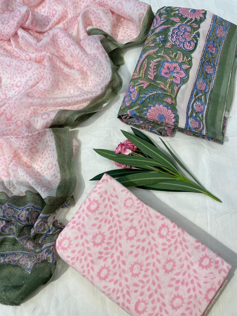 Premium Hand Block Printed Cotton Suit With Chiffon Dupatta (31)