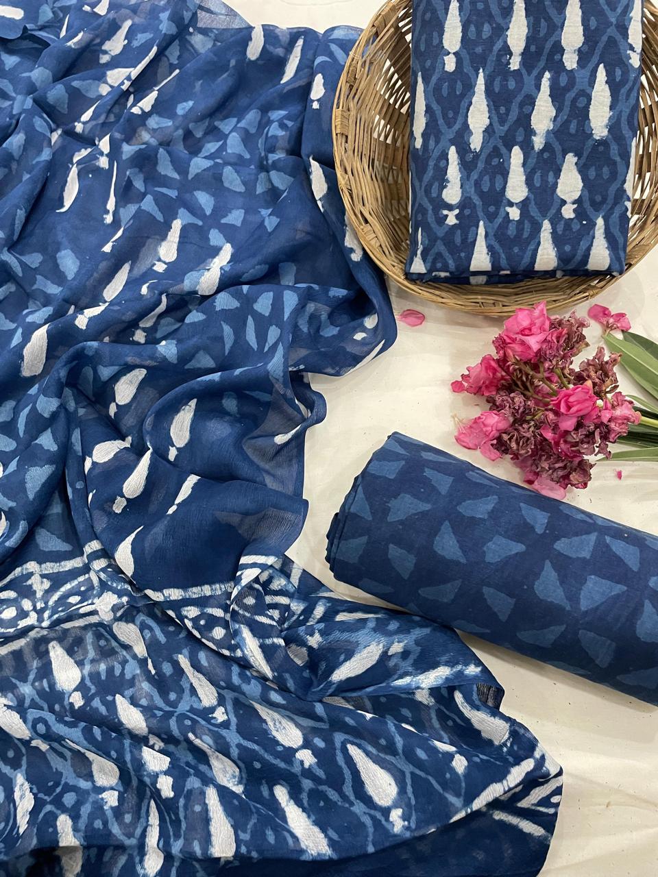 Dabu Bagru Hand Block Print Cotton Suit With Chiffon Dupatta