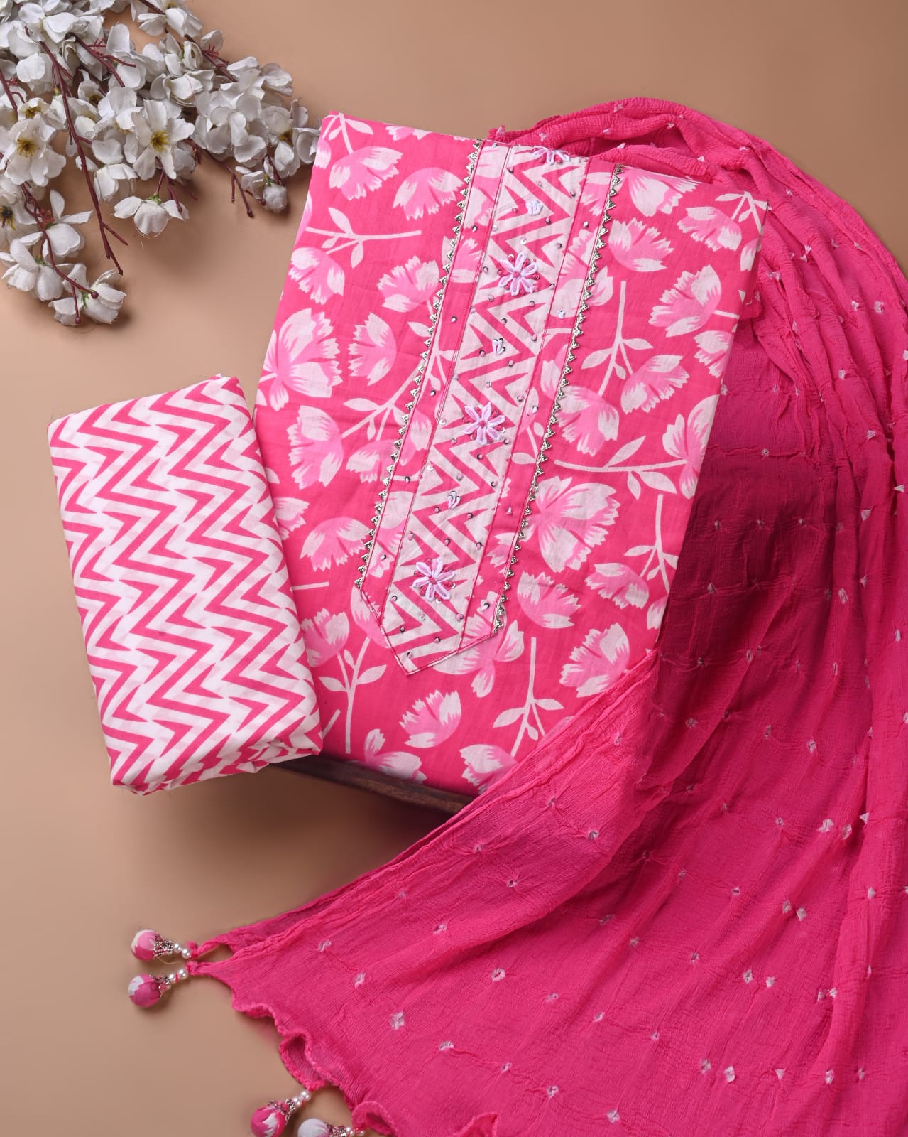 Exclusive Cotton Gota Patti Work Suit With Chiffon Dupatta