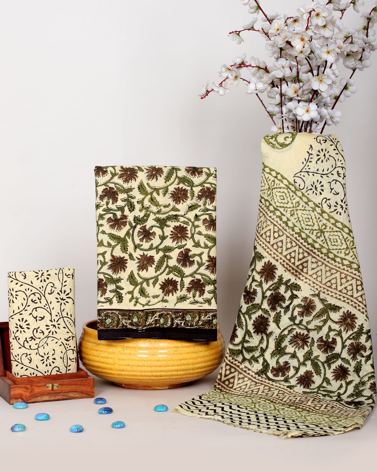 Hand Block Printed Cotton Suit With Mulmul Dupatta