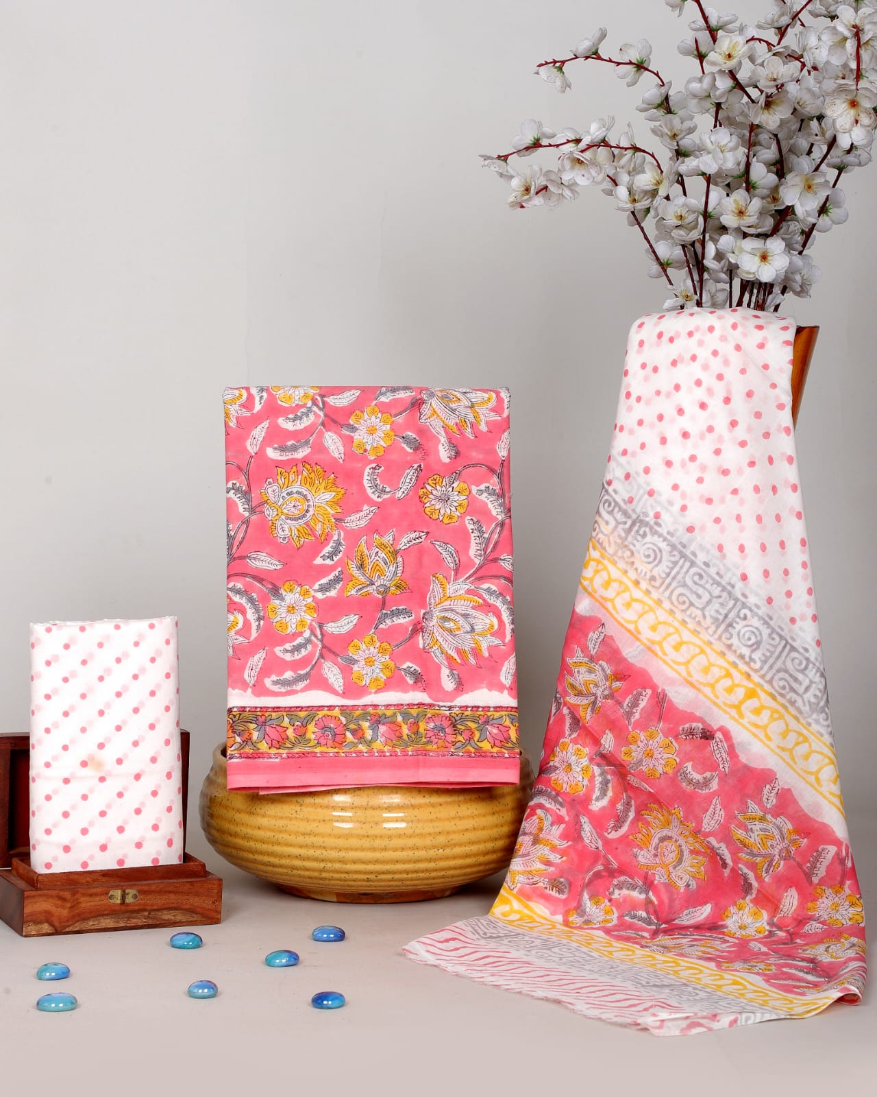 Pink Hand Block Printed Cotton Suit With Mulmul Dupatta