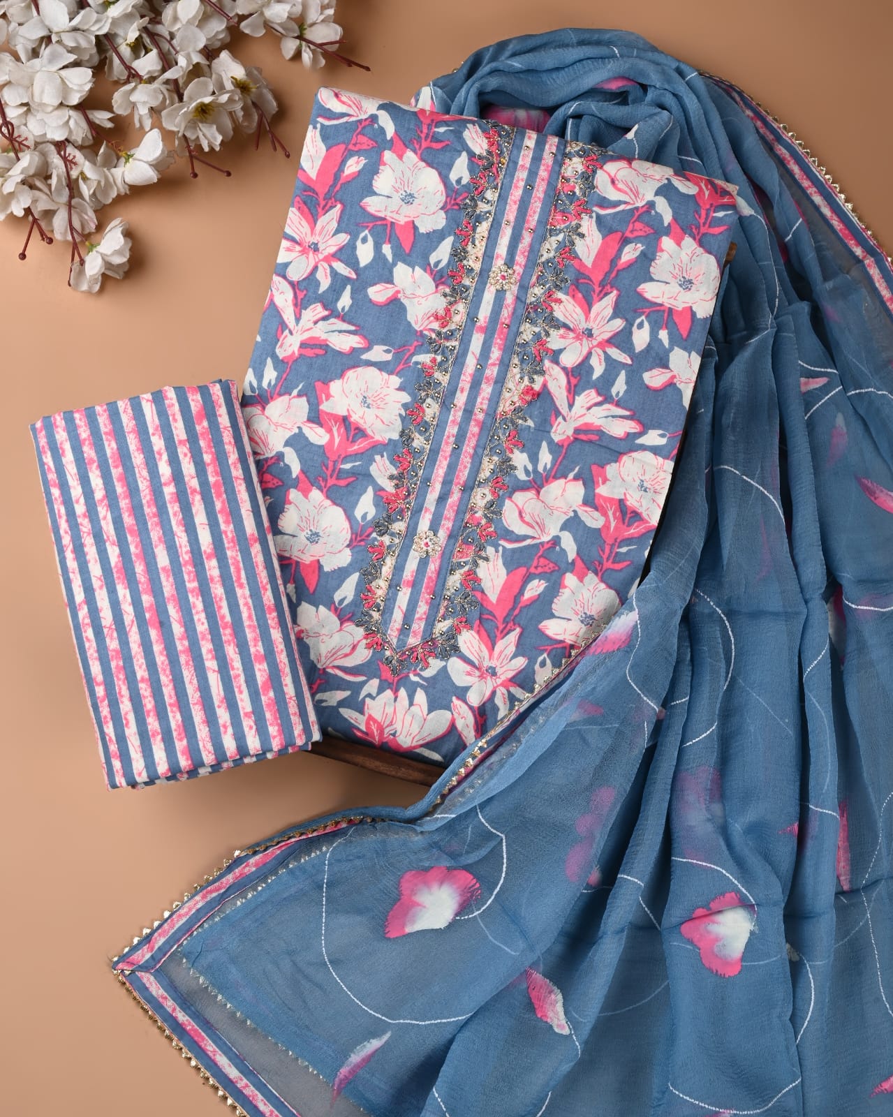 Exclusive Cotton Gota Patti Work Suit With Chiffon Dupatta