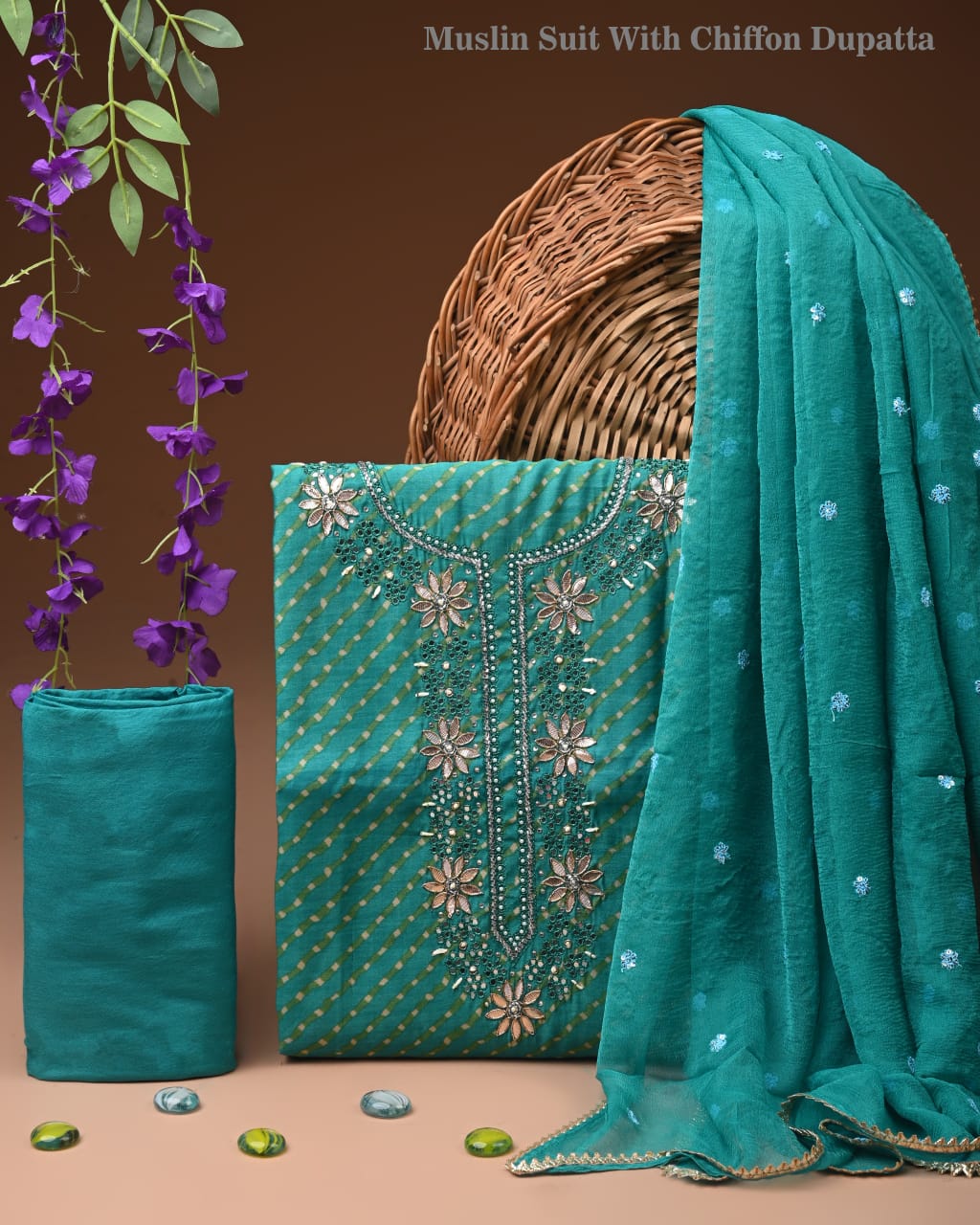 Organic Cotton Gota Patti Work Suit With Chiffon Dupatta