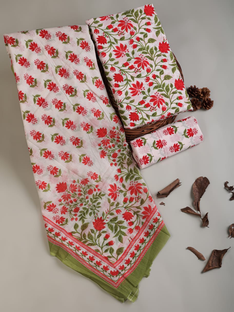 Green Hand Block Printed Cotton Suit Set With Mulmul Dupatta