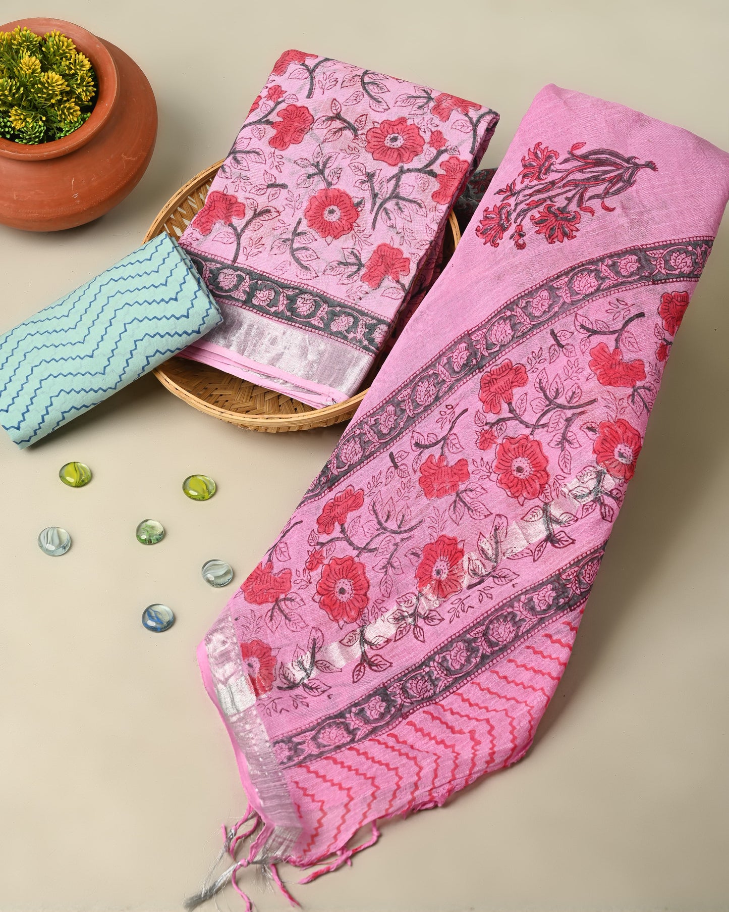 Hand Block Printed Lilen Suit With Lilen Dupatta