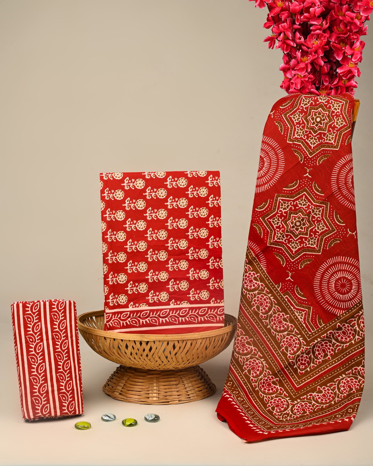 Red Soft Cotton Suit With Mulmul Dupatta