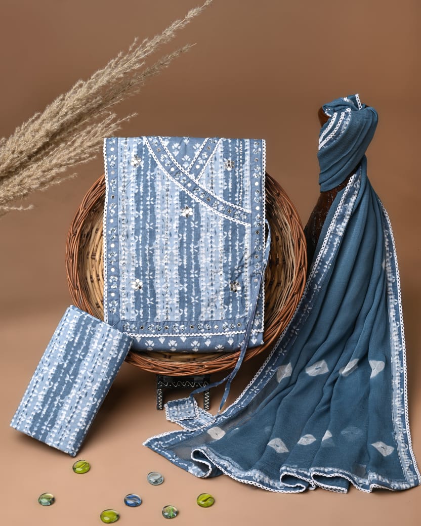 Sanganeri Print Cotton Gota Patti Work Suit With Chiffon Dupatta
