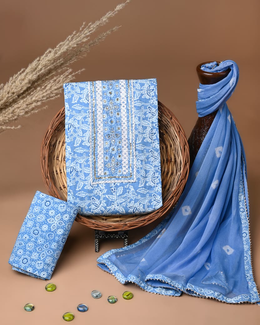 Soft Cotton Gota Patti work Suit With Chiffon Dupatta