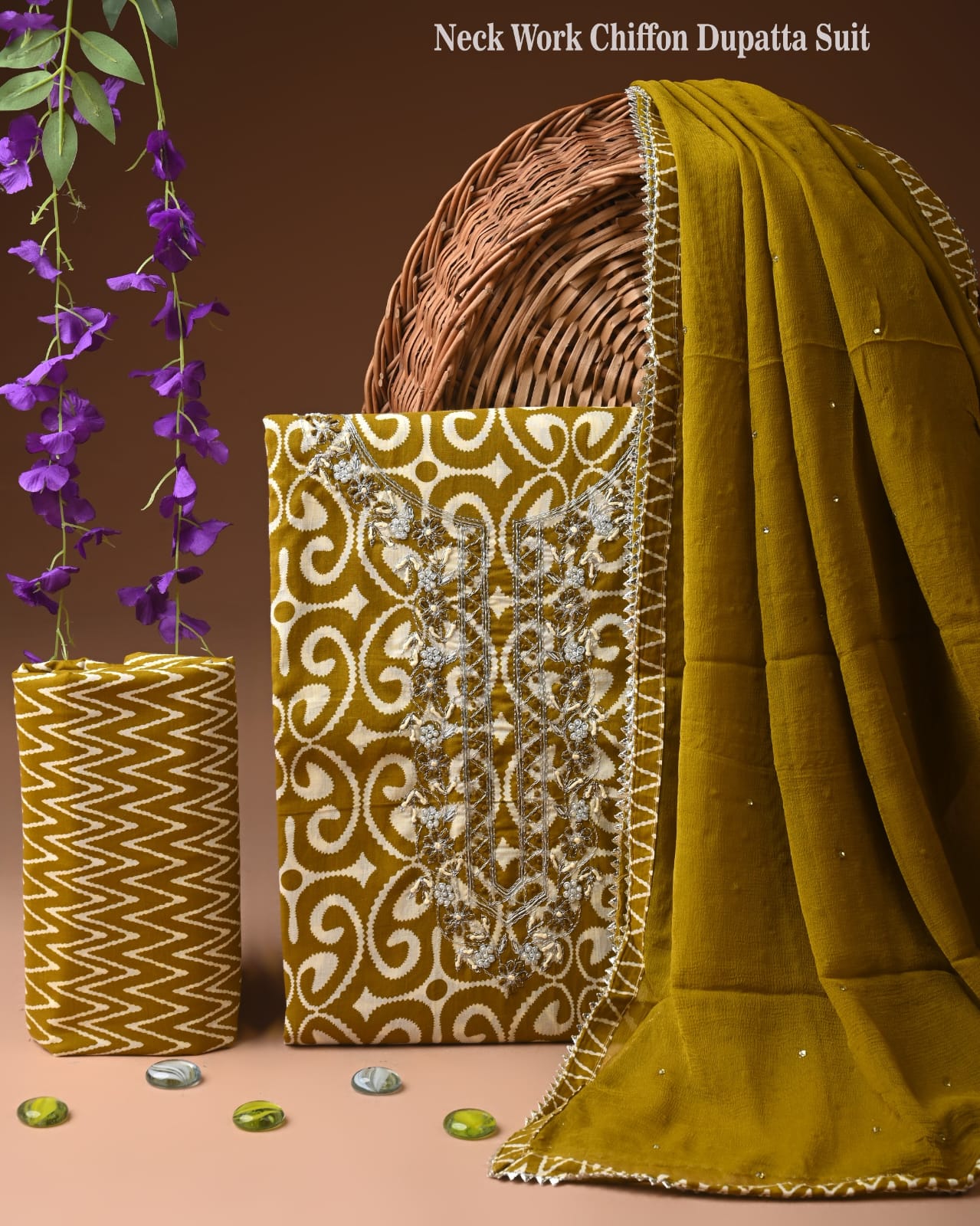 Purple Cotton Gota Pati Work Suit With Chiffon Dupatta