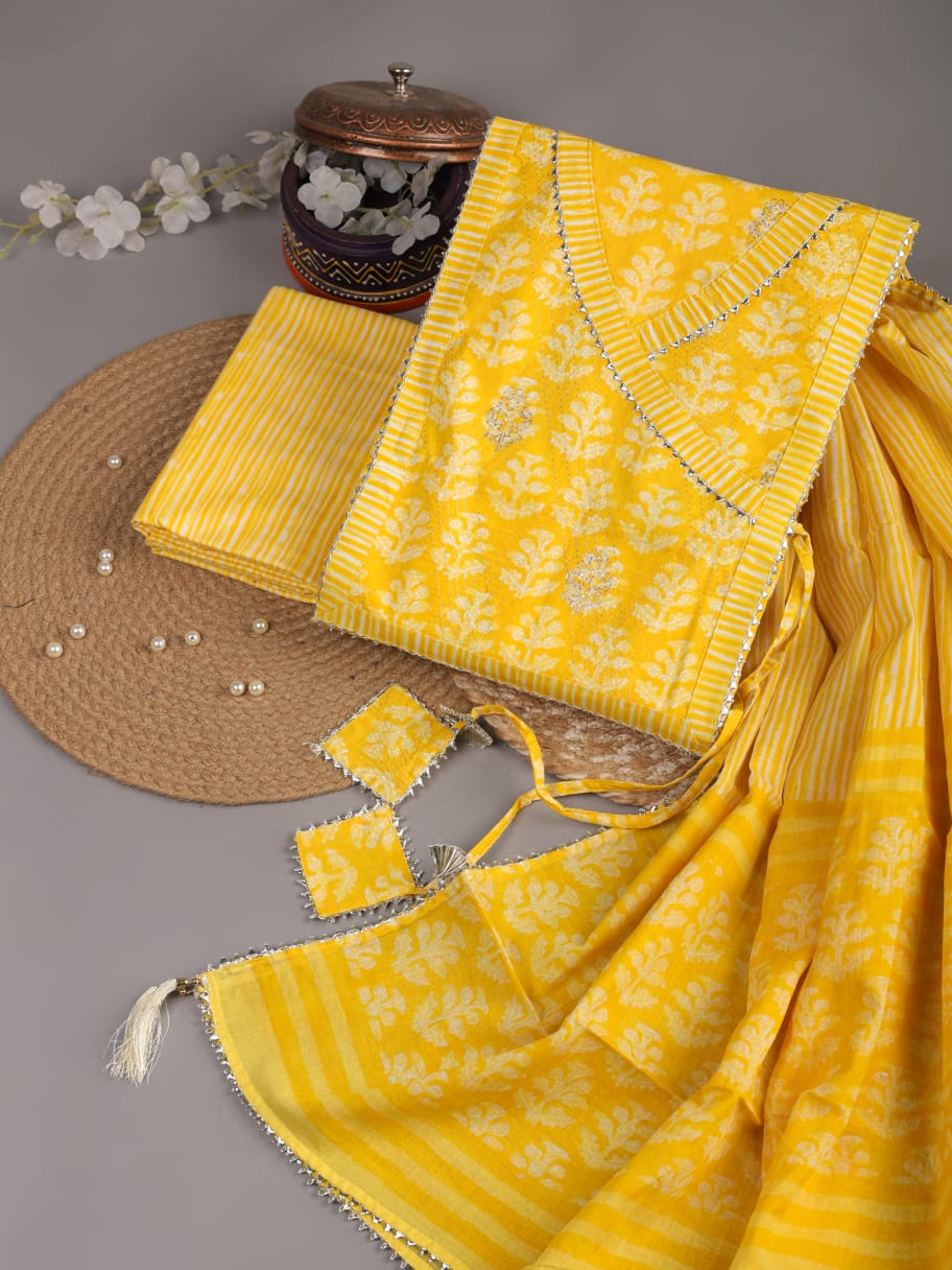 Yellow Gota Patti Work Cotton Suit With Mulmul Dupatta