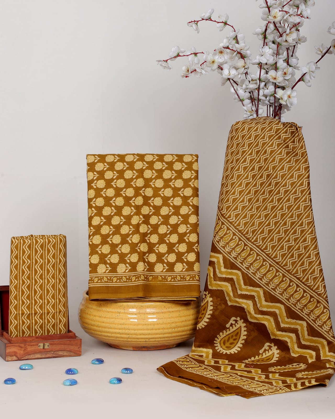 Sanganeri Print Cotton Suit Set With Mulmul Dupatta