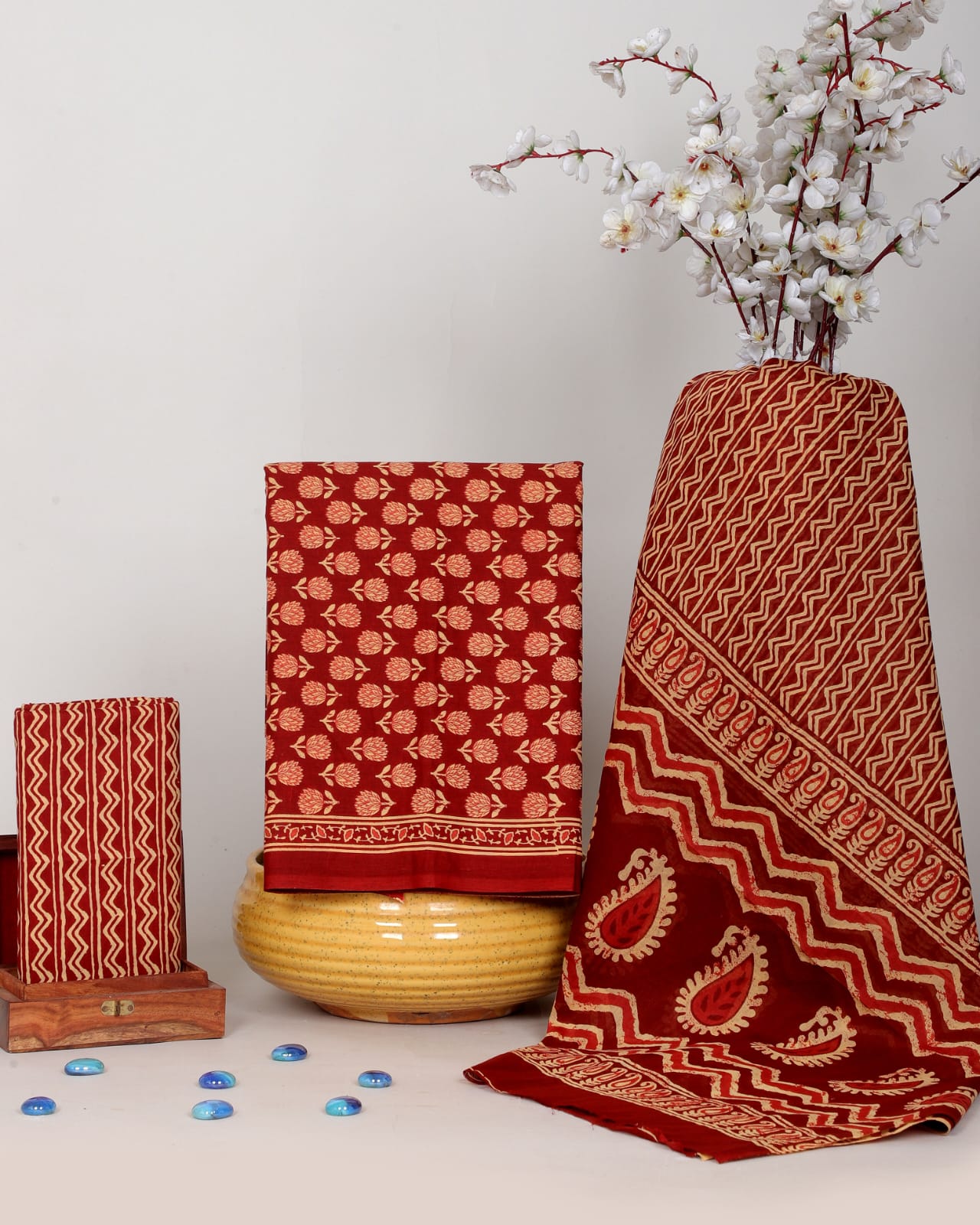 Red Hand Print Soft Cotton Suit With Mulmul Dupatta