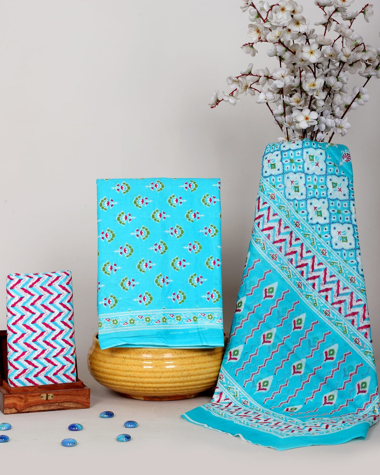 Sky Blue Hand Block Printed Soft Cotton Suit Set