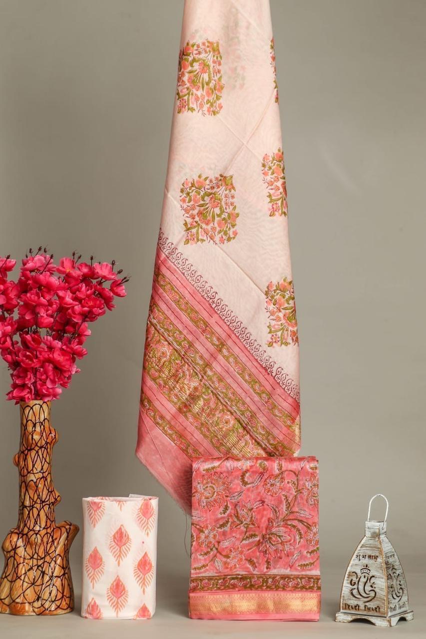 Premium Hand block Printed Maheshwari Silk Zari Border suit