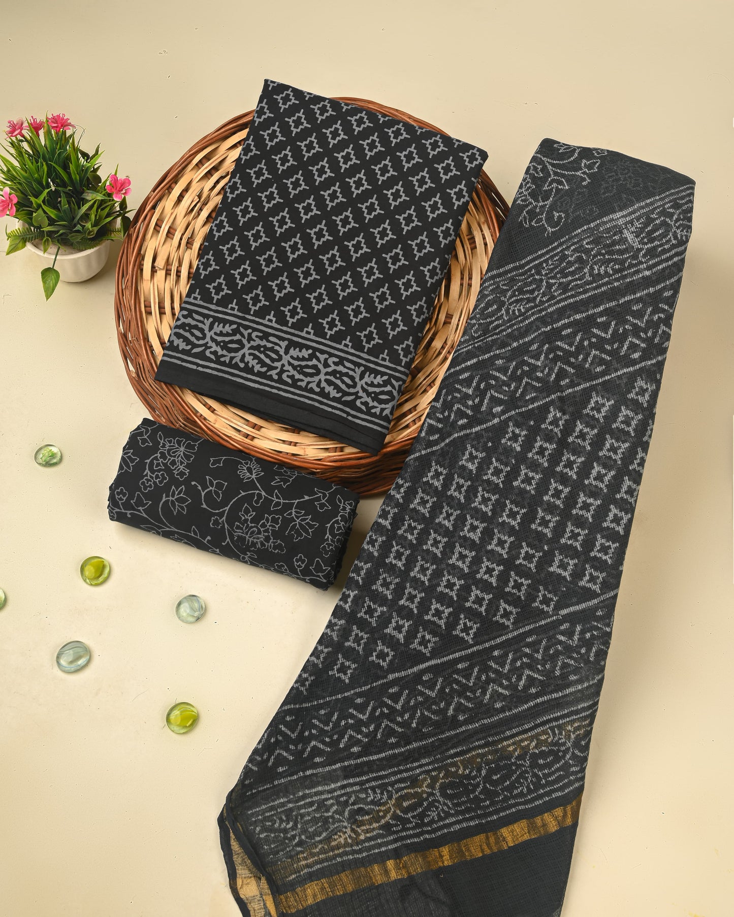 Bagru Hand Block Print Cotton Suit With Kota Doria Dupatta